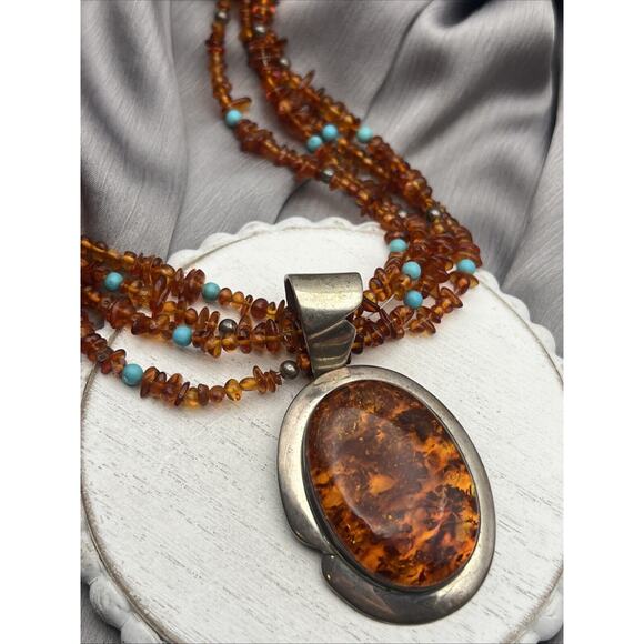 Jay King Sterling Silver Turquoise & Amber Pendant Necklace Pendant 28”